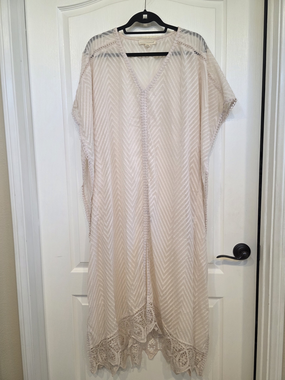 lovestitch Light Beige Crochet-Trim Sheer Kaftan Swim Coverup